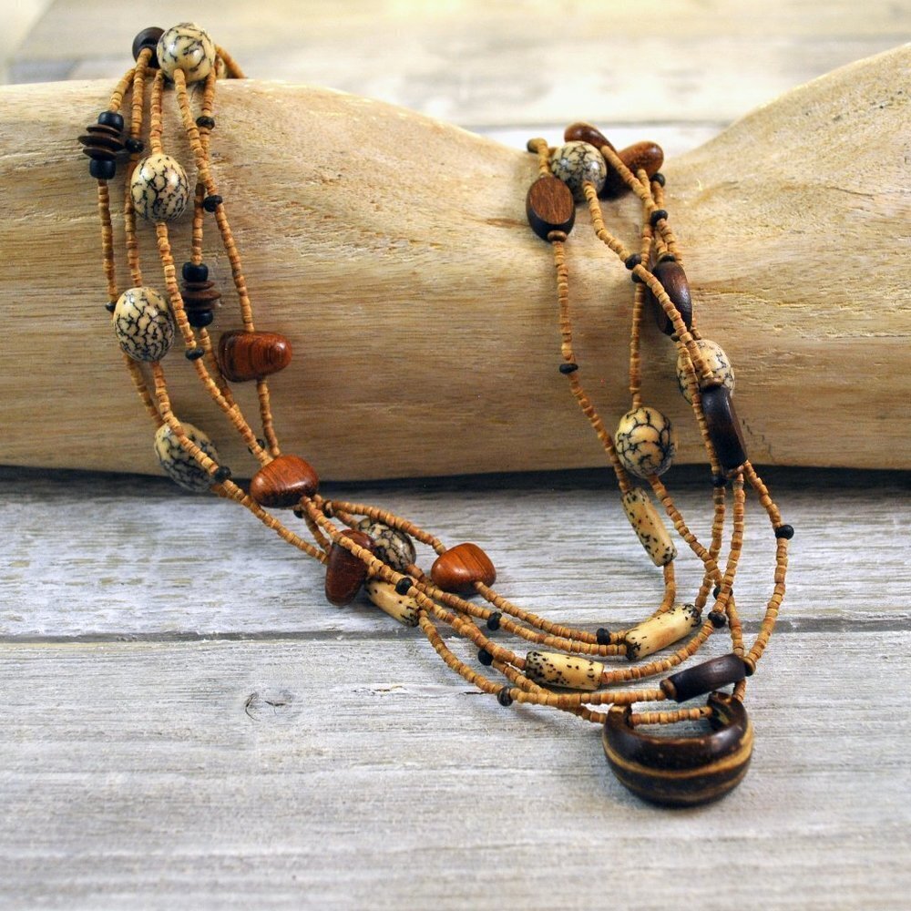 Long Beaded Wood & Betel Nut Boho Necklace Handmade​​​​​